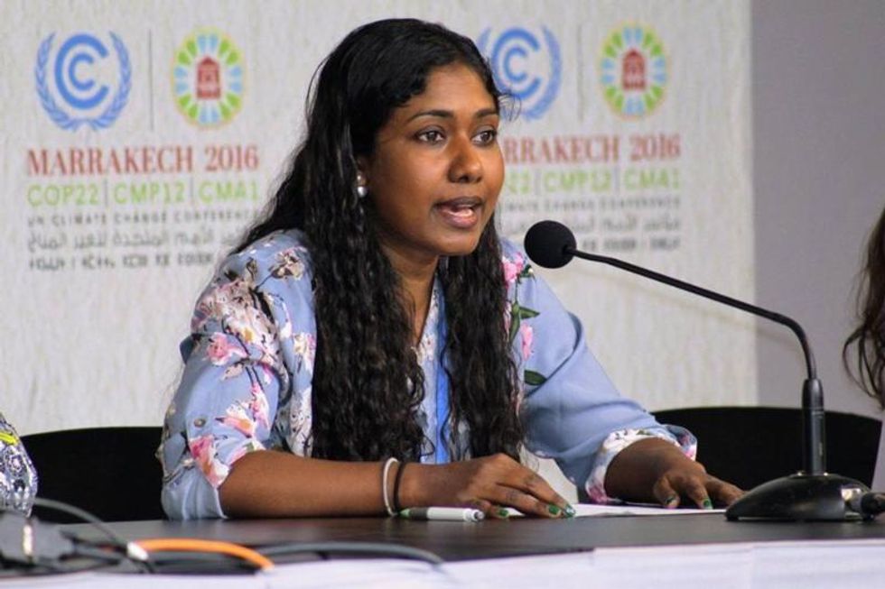 Thilmeeza Hussain speaks during a WECAN International event at the UNFCCC COP22 in Marrakech, Morocco. (Photo: WECAN International)