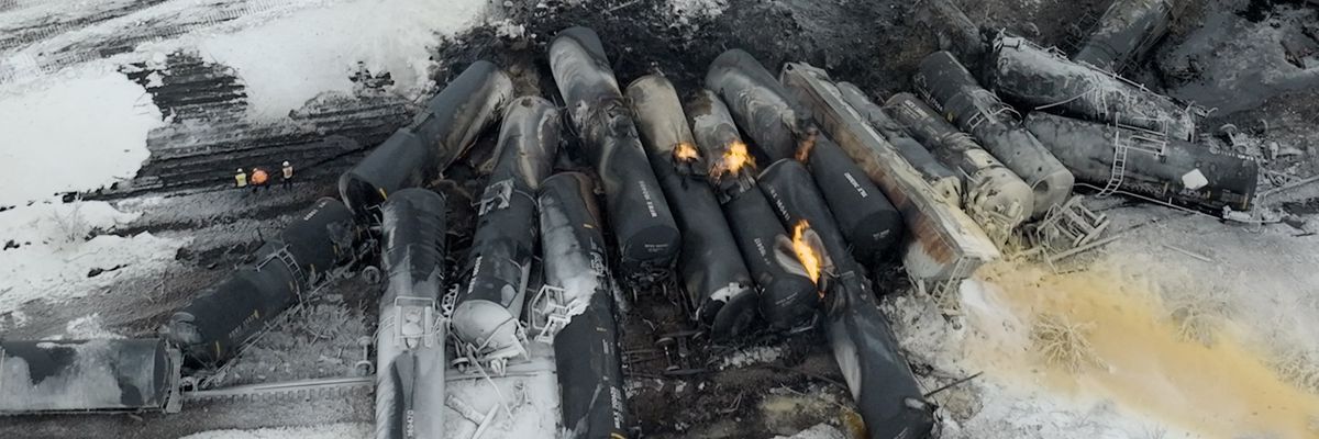 This aerial photo shows the aftermath of a fiery BNSF train derailment that occurred near Raymond, Minnesota on March 30, 2023.