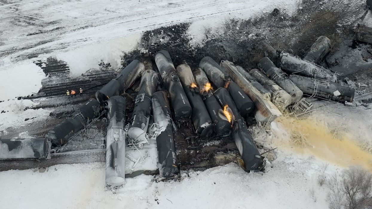 This aerial photo shows the aftermath of a fiery BNSF train derailment that occurred near Raymond, Minnesota on March 30, 2023.