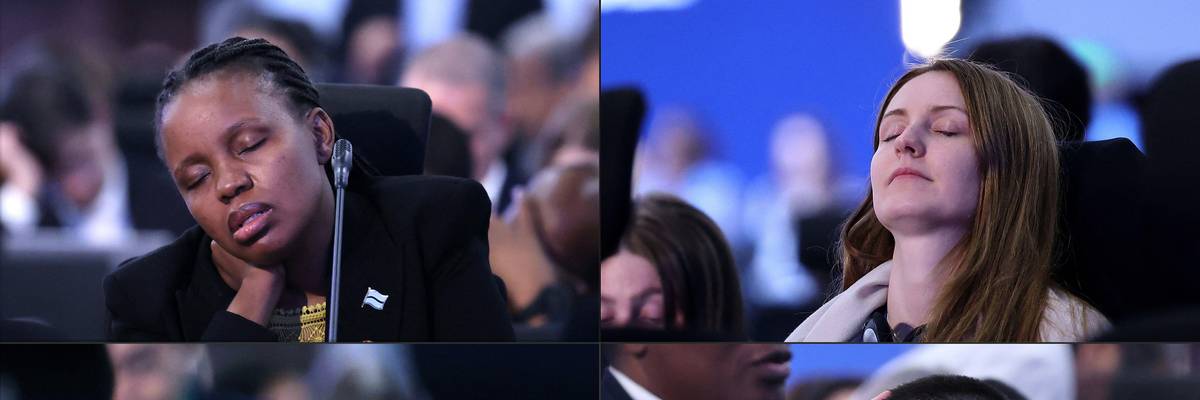 This combination of photos shows participants snoozing during the closing session of the COP27 climate conference in Sharm El-Sheikh on November 20, 2022.