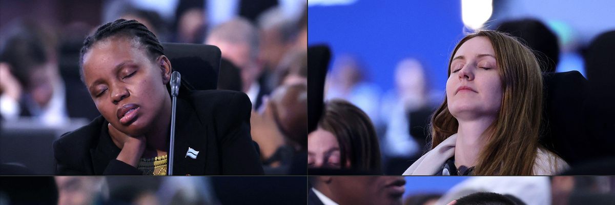 This combination of photos shows participants snoozing during the closing session of the COP27 climate conference in Sharm El-Sheikh on November 20, 2022.
