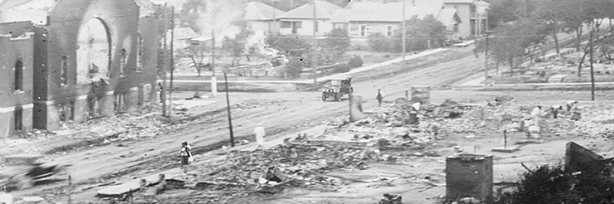 This June 1921 photo shows the aftermath of the the Tulsa Race Massacre in Tulsa, Oklahoma