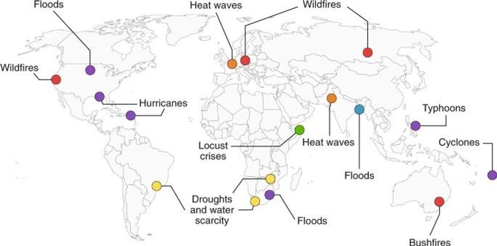 This map from May showed likely upcoming climate hazards during the Covid-19 pandemic. Source: