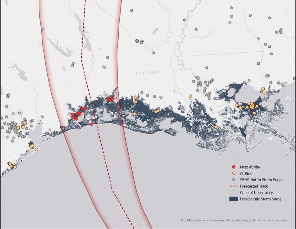 This map shows hazardous facilities listed in the Environmental Protection Agency's Superfund Enterprise Management System (SEMS) that could be at-risk of being compromised by the effects of Hurricane Laura. Source: Blog of the Union of Concerned Scientists