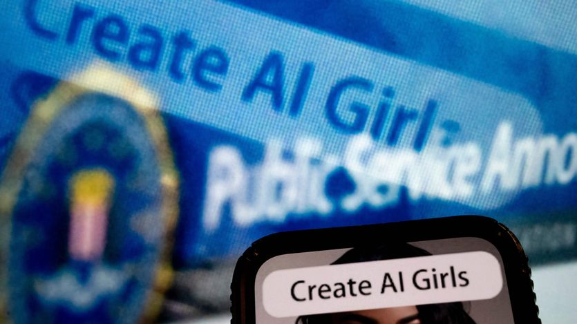 This photo illustration created on July 18, 2023, in Washington, D.C., shows an advertisement to create "AI girls."
