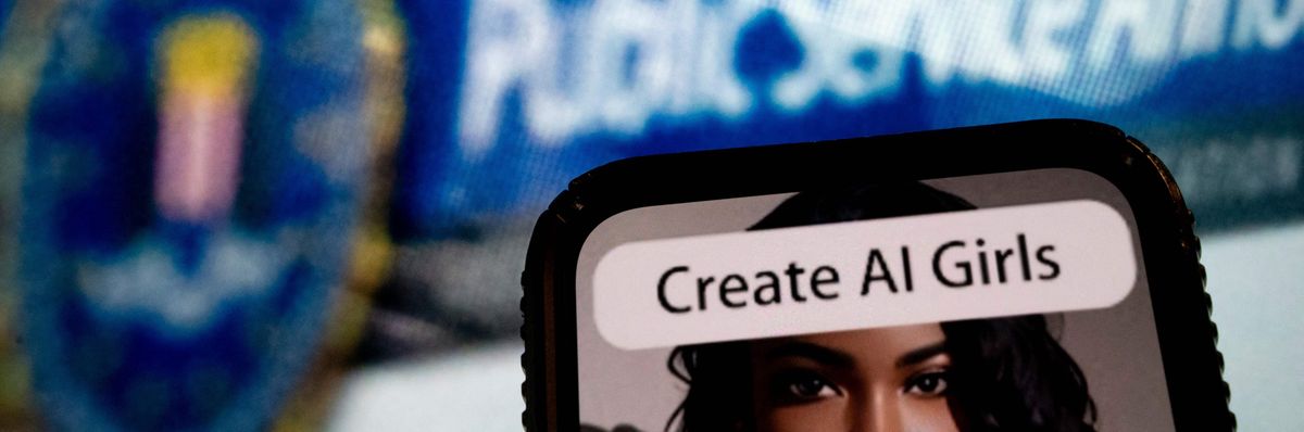 This photo illustration created on July 18, 2023, in Washington, D.C., shows an advertisement to create "AI girls."