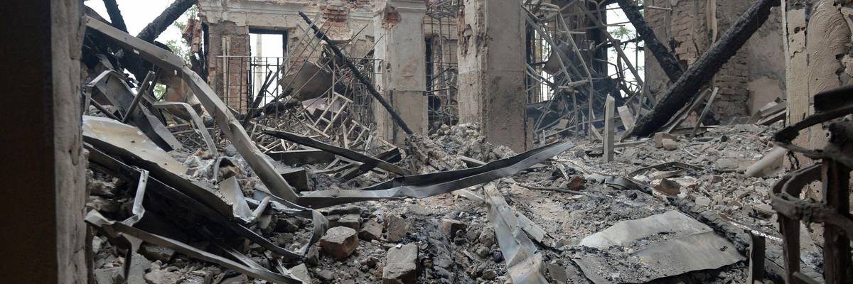 This photograph shows a view of a school destroyed as a result of fighting not far from the center of the Ukrainian city of Kharkiv