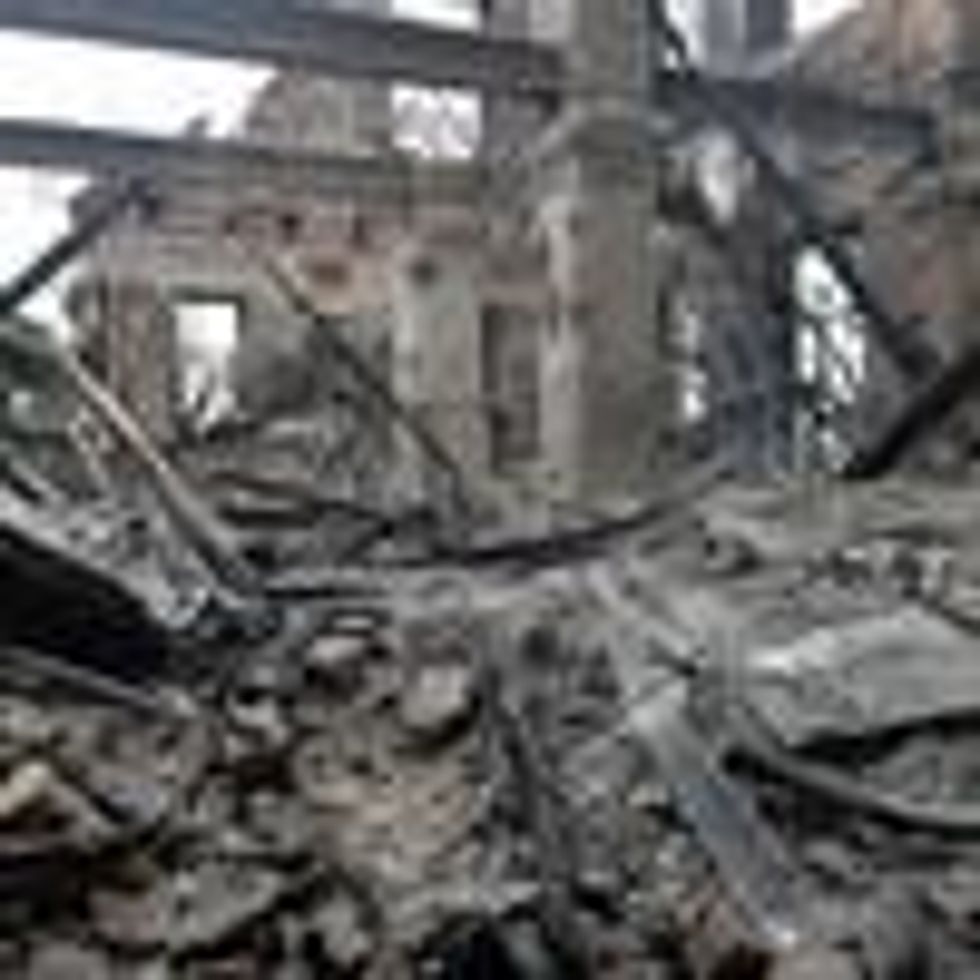 This photograph shows a view of a school destroyed as a result of fighting not far from the center of the Ukrainian city of Kharkiv