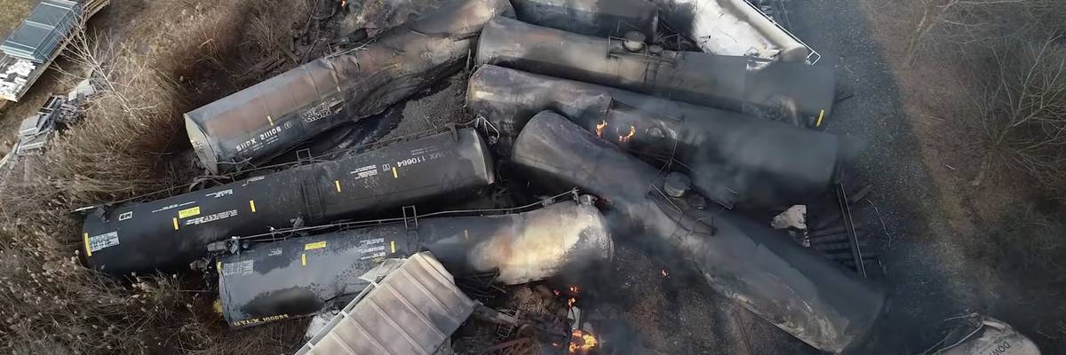 This video screenshot released by the NTSB shows the site of a derailed freight train in East Palestine