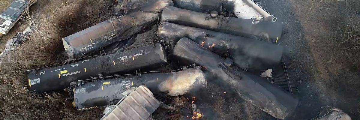 This video screenshot released by the NTSB shows the site of a derailed freight train in East Palestine