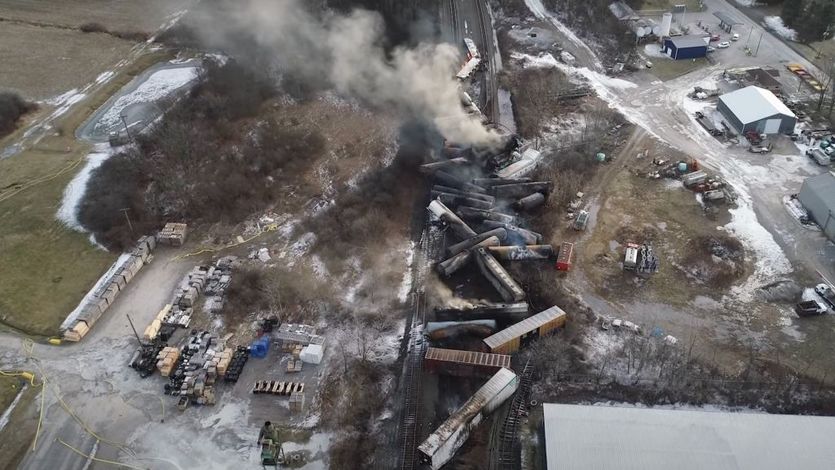 This video screenshot released by the U.S. National Transportation Safety Board (NTSB) shows the site of a derailed freight train in East Palestine, Ohio.