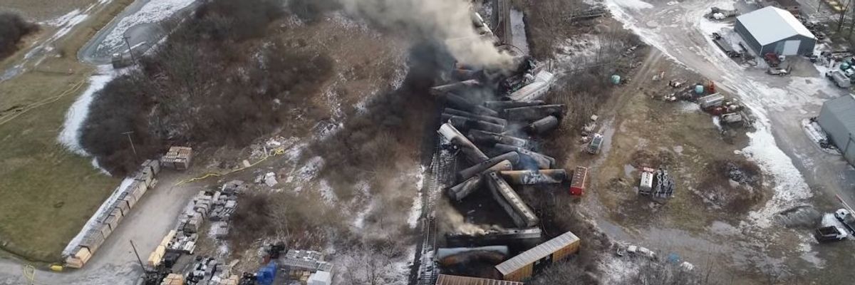This video screenshot released by the U.S. National Transportation Safety Board (NTSB) shows the site of a derailed freight train in East Palestine, Ohio.