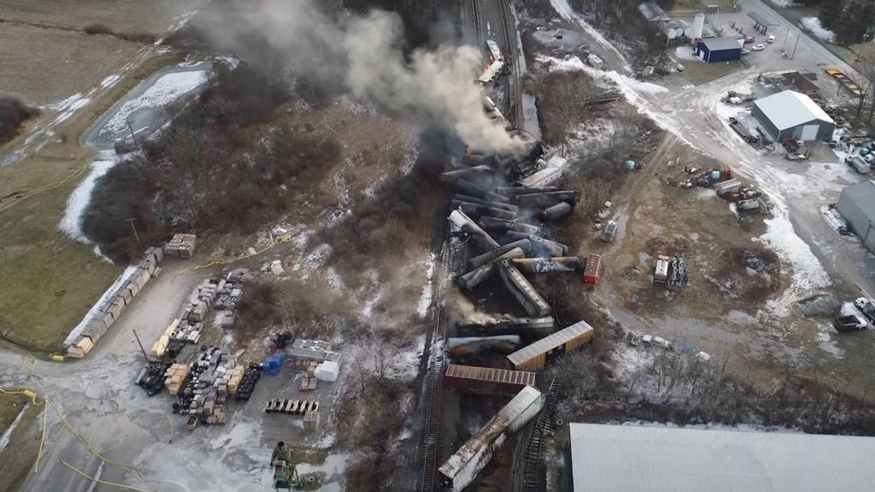 This video screenshot released by the U.S. National Transportation Safety Board (NTSB) shows the site of a derailed freight train in East Palestine, Ohio.