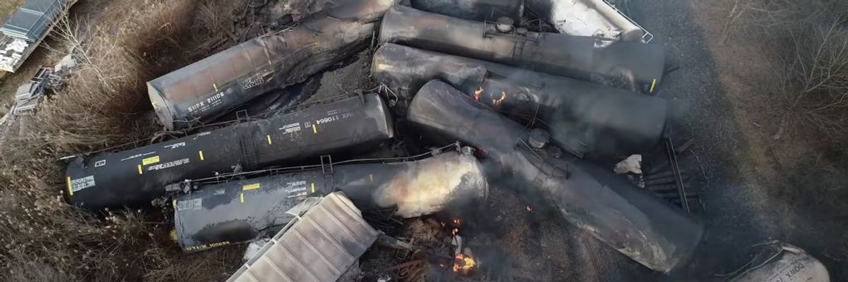 This video screenshot released by the U.S. National Transportation Safety Board (NTSB) shows the site of a derailed freight train in East Palestine, Ohio.