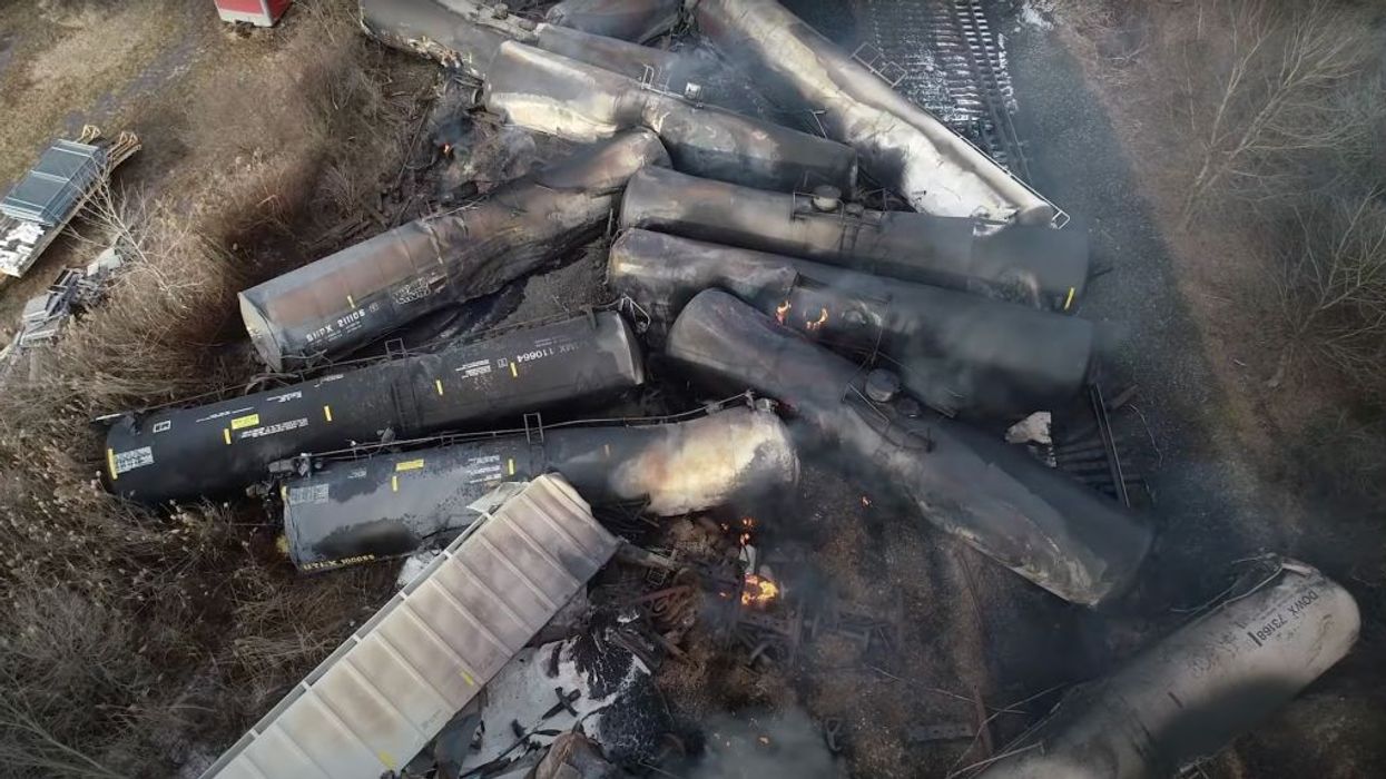 This video screenshot released by the U.S. National Transportation Safety Board (NTSB) shows the site of a derailed freight train in East Palestine, Ohio.