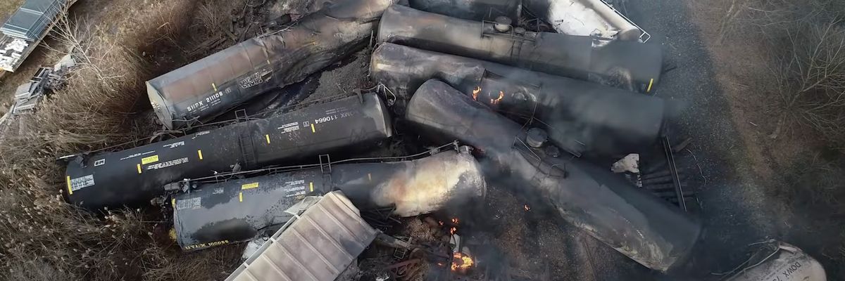 This video screenshot released by the U.S. National Transportation Safety Board (NTSB) shows the site of a derailed freight train in East Palestine, Ohio.