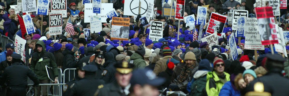 Thousands gather in the streets of Manhattan to rally for peace 15 February, 2003 in New York. 