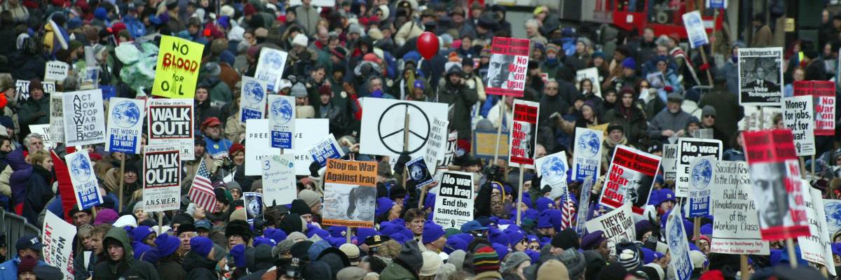 Thousands gather in the streets of Manhattan to rally for peace 15 February, 2003 in New York.
