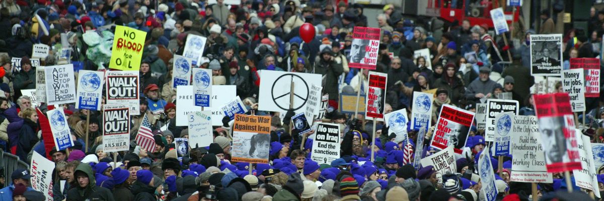 Thousands gather in the streets of Manhattan to rally for peace 15 February, 2003 in New York.