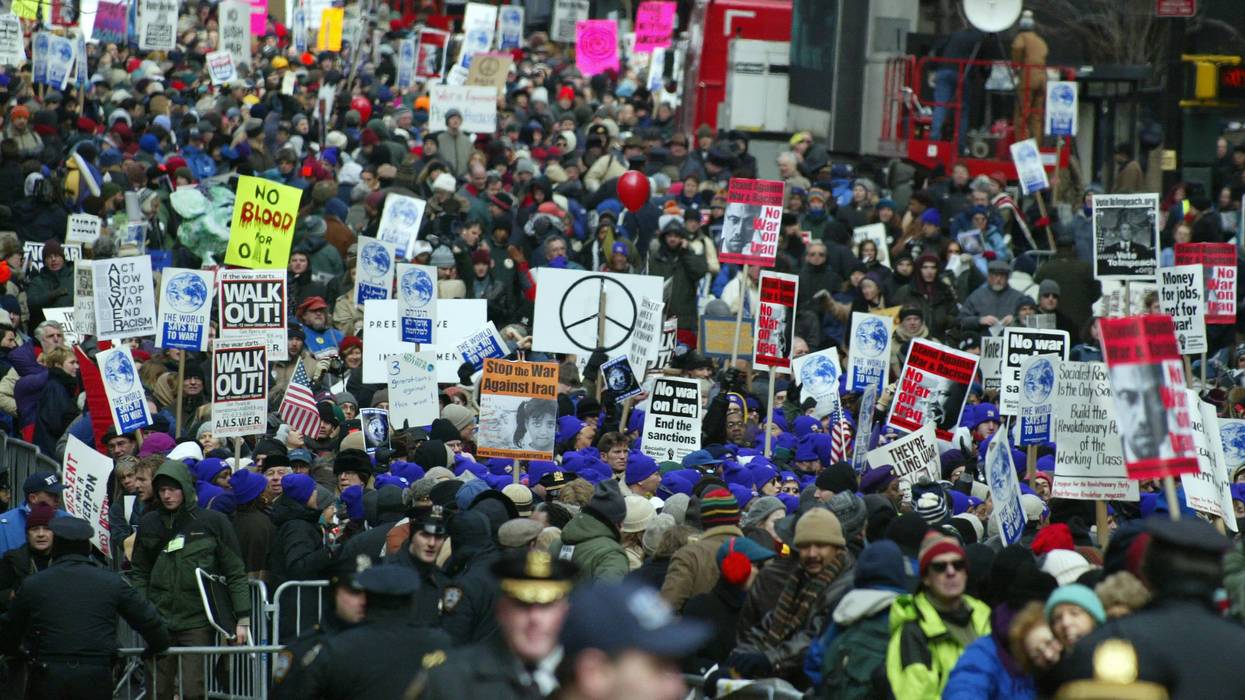 Thousands gather in the streets of Manhattan to rally for peace 15 February, 2003 in New York.