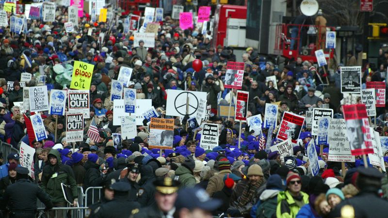 Thousands gather in the streets of Manhattan to rally for peace 15 February, 2003 in New York.
