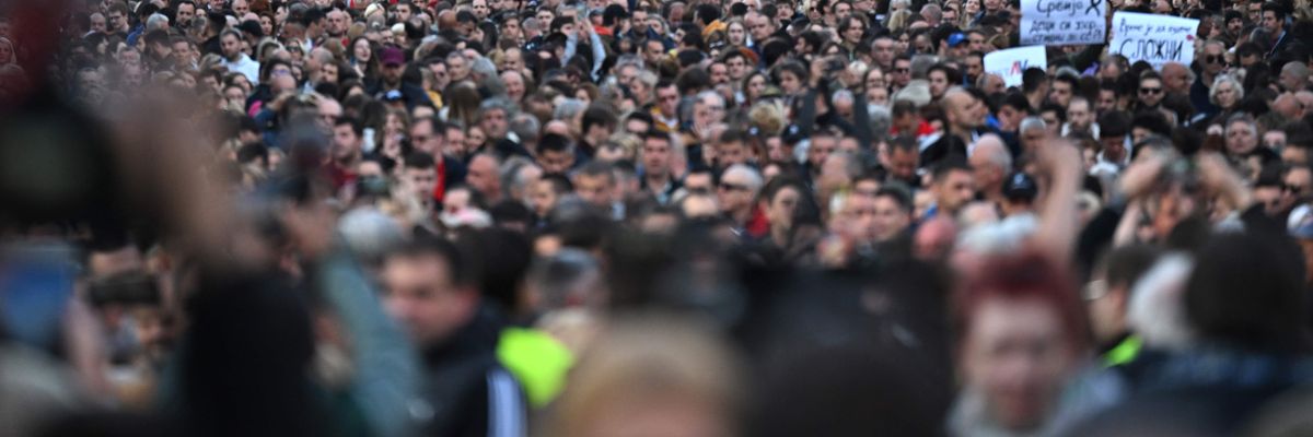 Thousands of people march in Belgrade, Serbia on May 8, 2023.