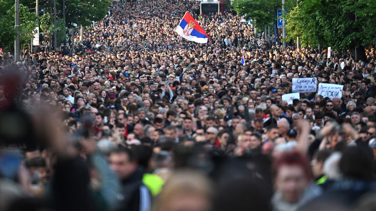 Thousands of people march in Belgrade, Serbia on May 8, 2023.