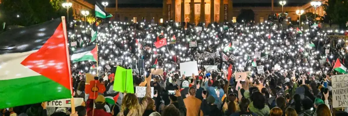Thousands rally in Philadelphia for Palestinian rights.