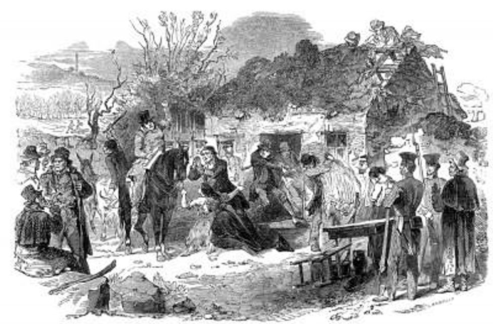 To support the famine relief effort, British tax policy required landlords to pay the local taxes of their poorest tenant farmers, leading many landlords to forcibly evict struggling farmers and destroy their cottages in order to save money. From Hunger on Trial Teaching Activity.