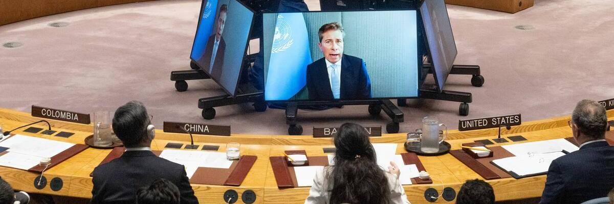 Tom Fletcher, United Nations under-secretary-general for humanitarian affairs and emergency relief coordinator, briefs the UN Security Council