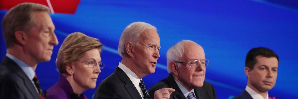 Tom Steye, Elizabeth Warren, Joe Biden, Bernie Sanders, and Pete Buttigieg on a debate stage.