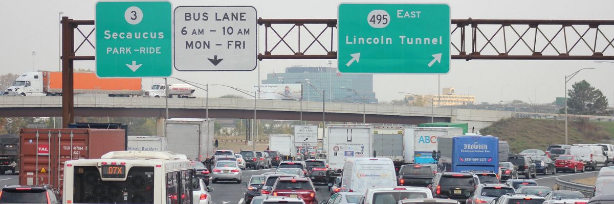 Traffic backs up on approach to the Lincoln Tunnel in New Jersey