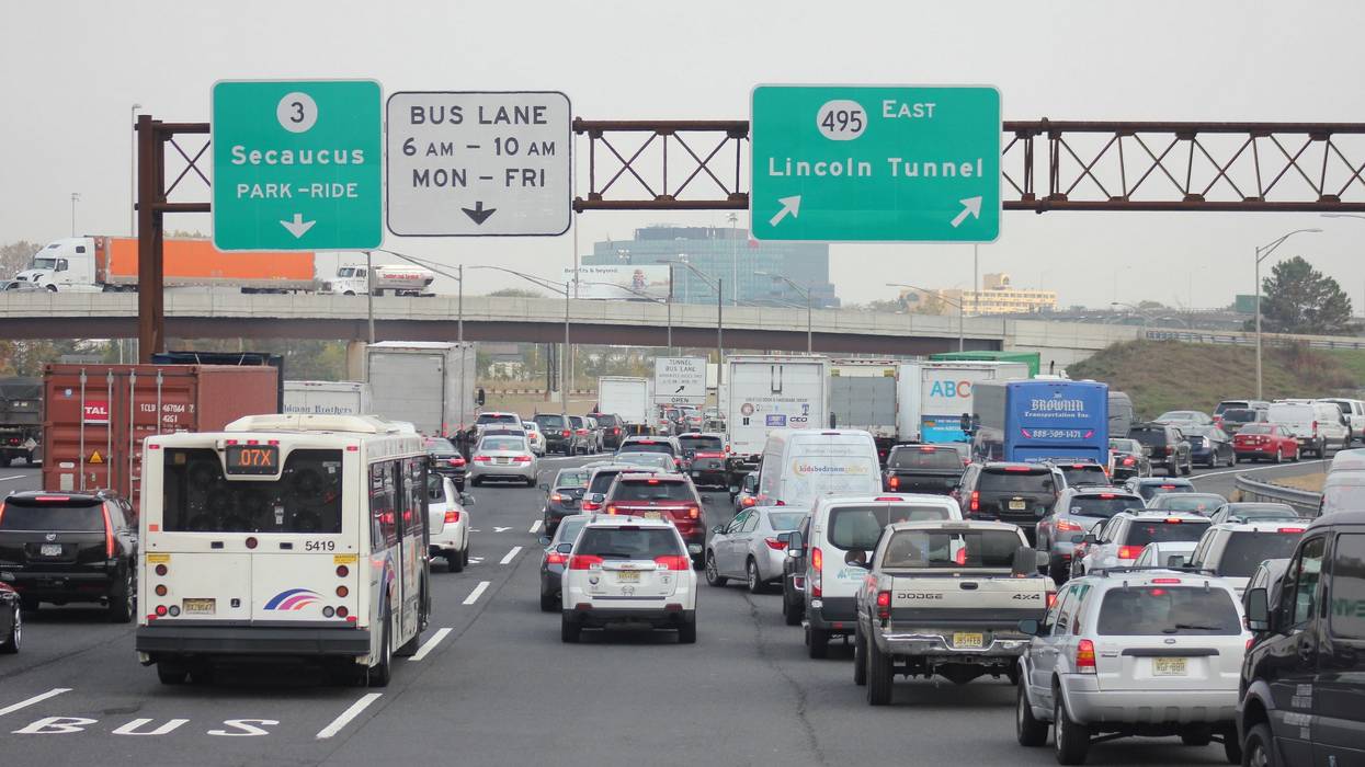 Traffic backs up on approach to the Lincoln Tunnel in New Jersey