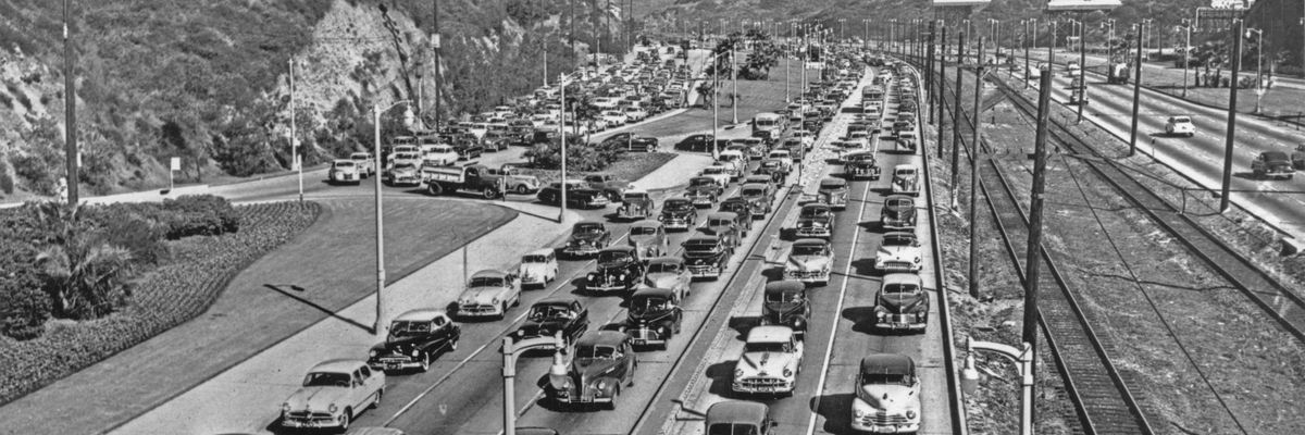 Traffic fills every lane in this high-angle view of a highway