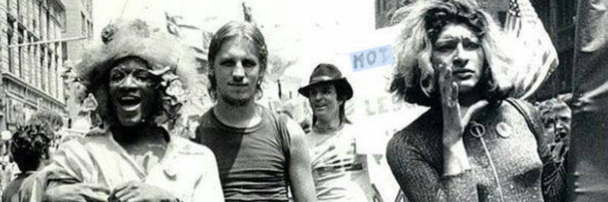 trans activists Marsha P. Johnson and Sylvia Rivera march in New York in the early 1970s