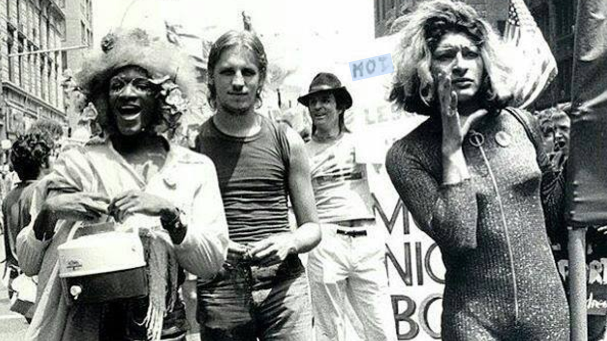 trans activists Marsha P. Johnson and Sylvia Rivera march in New York in the early 1970s