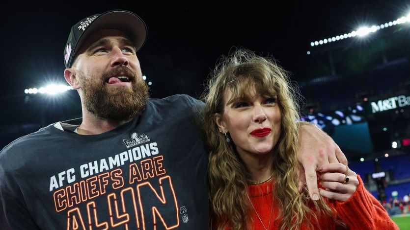 Travis Kelce celebrates with Taylor Swift