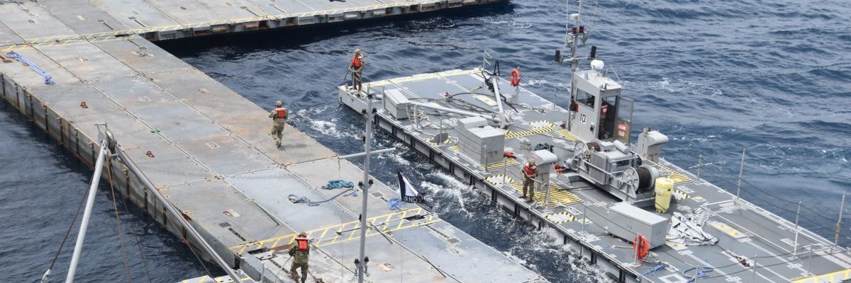 troops assemble the Trident Pier off the shore of Gaza