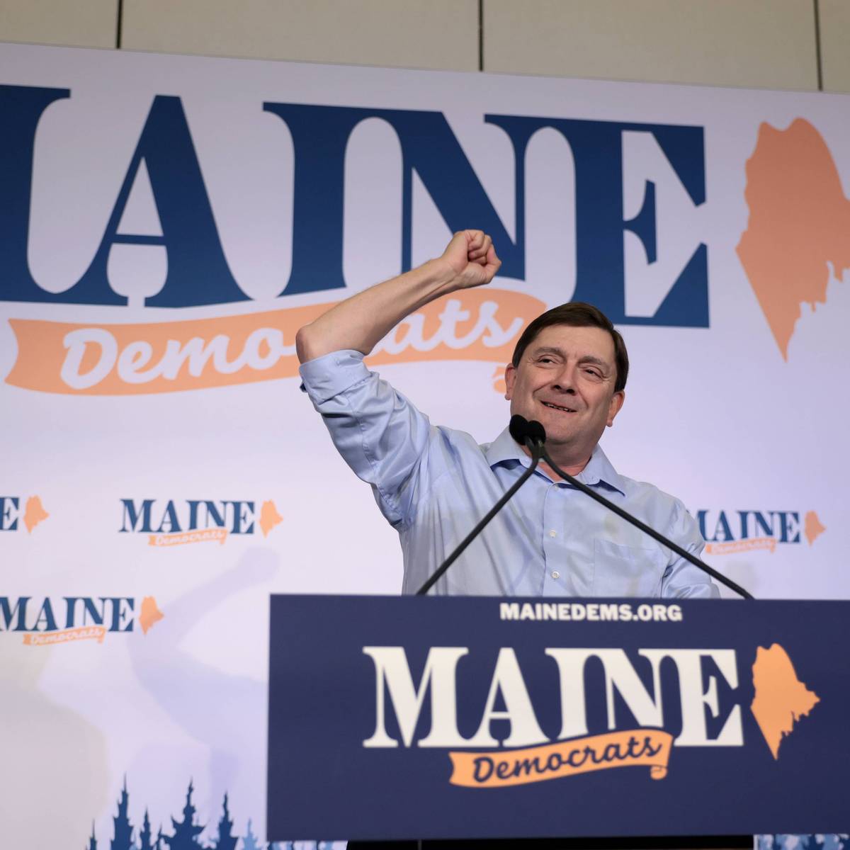 Troy Jackson pumps his fist in the air after being nominated for US Senate