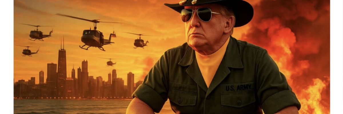 Trump AI image threatening Chicago with invasion.