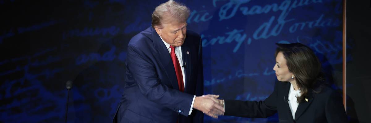 Trump and Harris shake hands before debating.