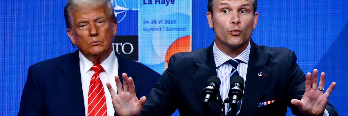 Trump and Hegseth at a NATO press conference.