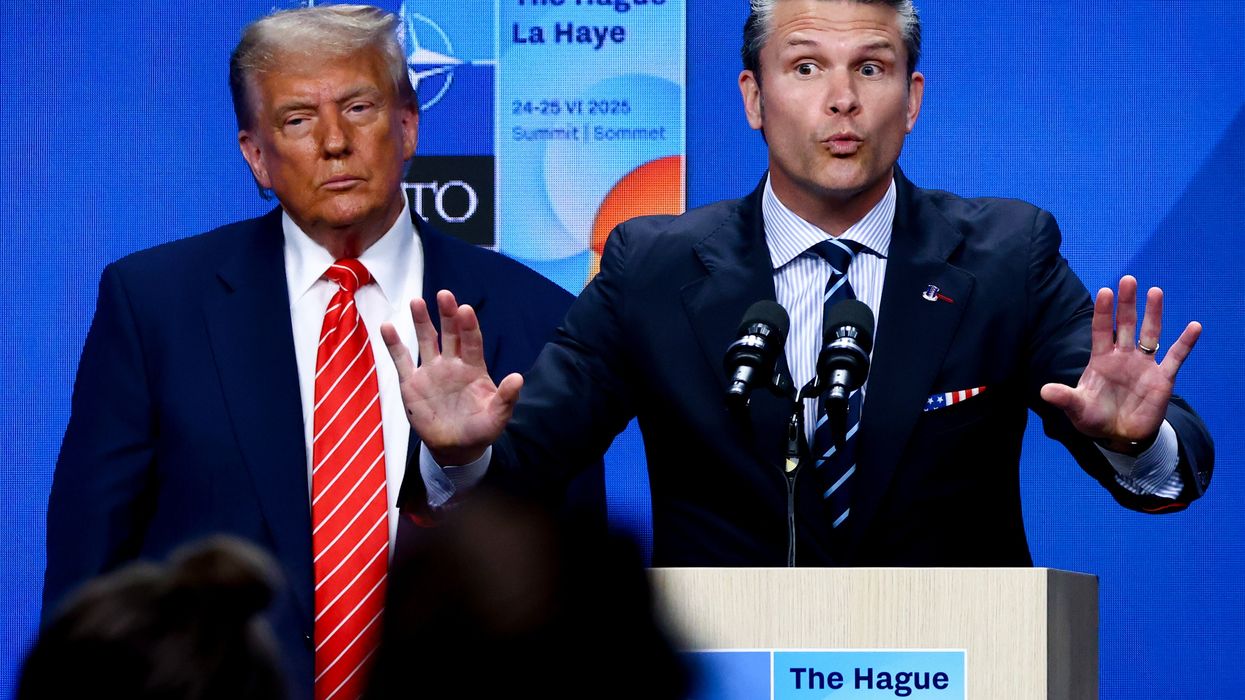 Trump and Hegseth at a NATO press conference.