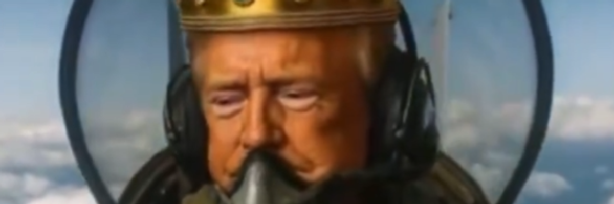 Trump dumps shit on protesters from a plane in an AI video.