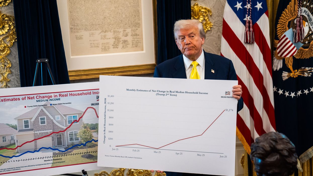 Trump holds a chart with economic data