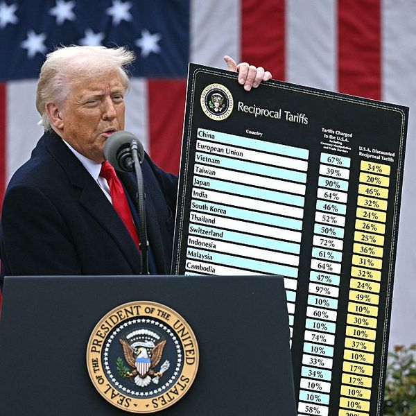 Trump holds a chart with tariff rates for various countries