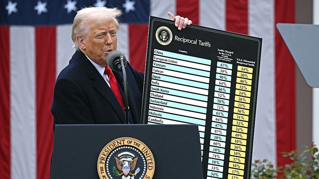 Trump holds up tariffs chart.