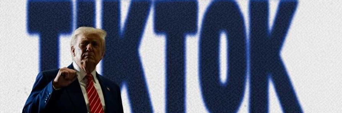 Trump in front of text Save Tiktok