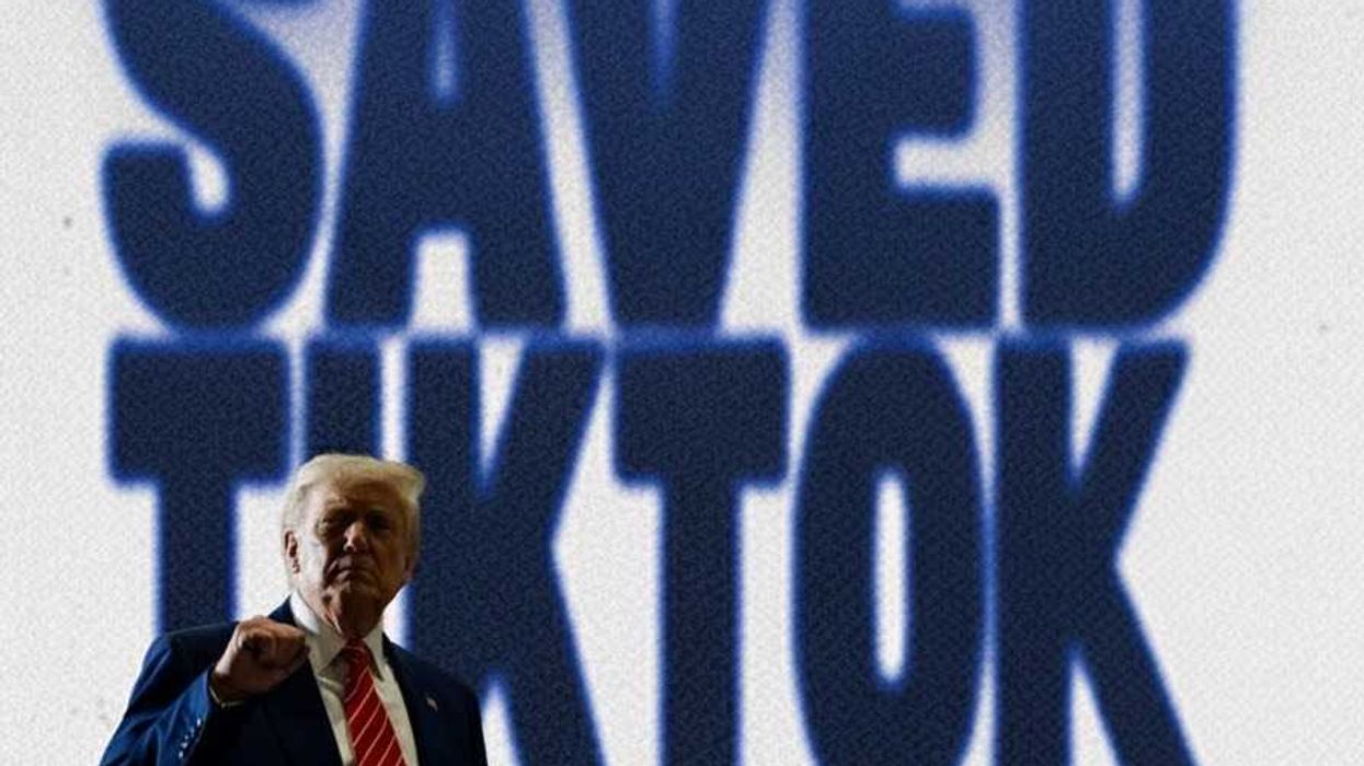 Trump in front of text Save Tiktok