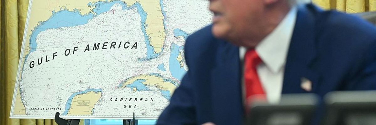 Trump in Oval Office with 'Gulf of America' sign